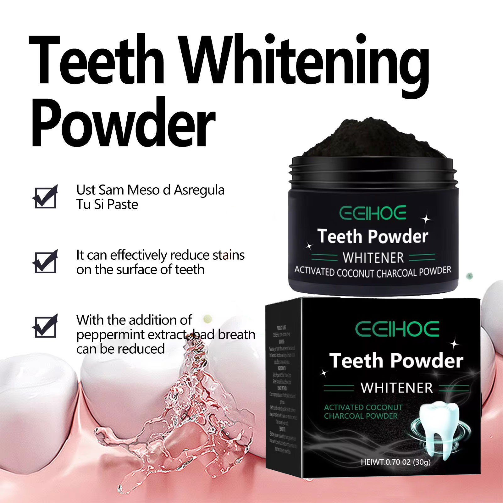 치아 미백 제품을위한 EELHOE 숯 분말 얼룩 제거  - Activated Charcoal Powder 리뷰 및 가격